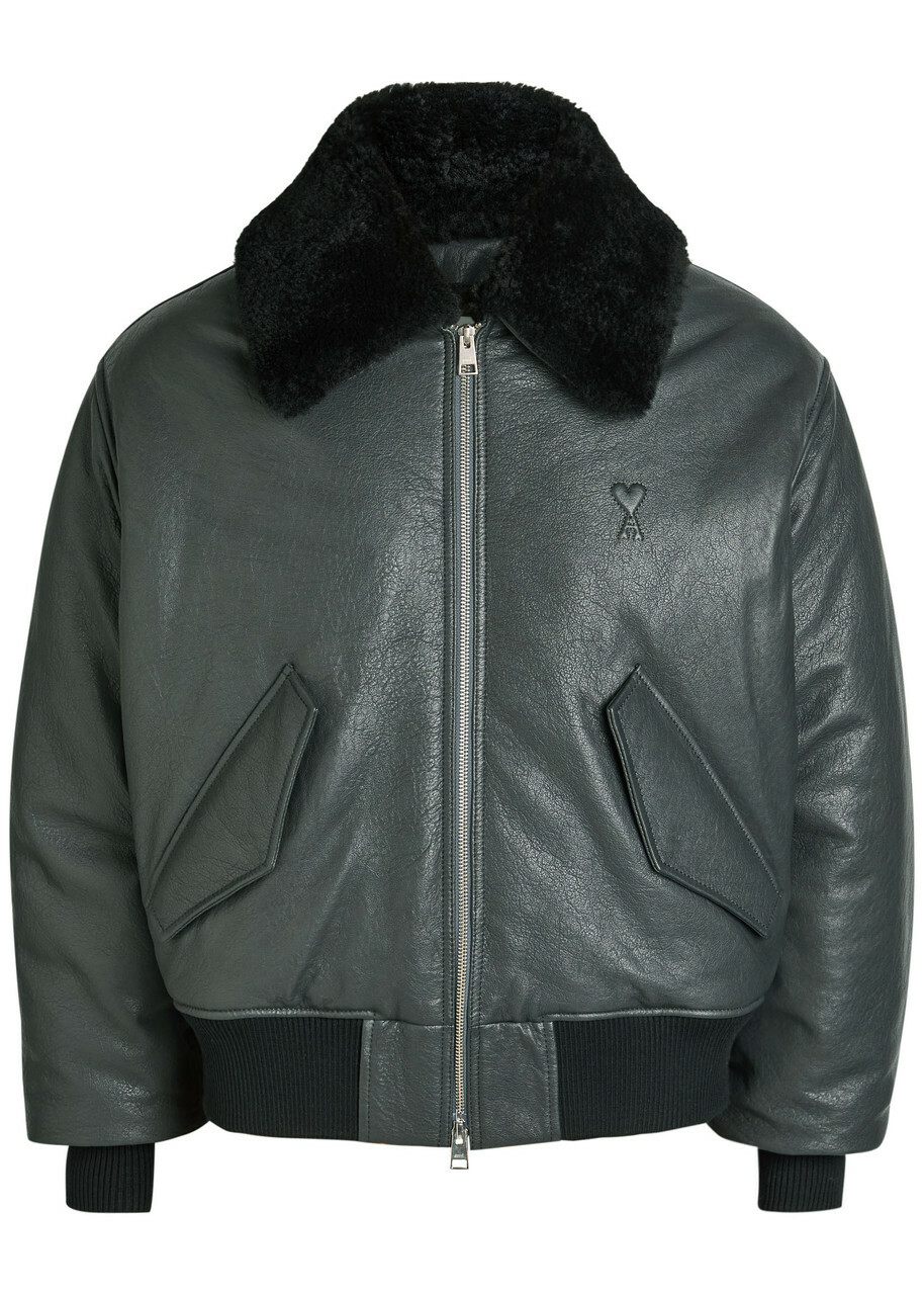 Ami Paris Padded Leather Jacket Anthracite