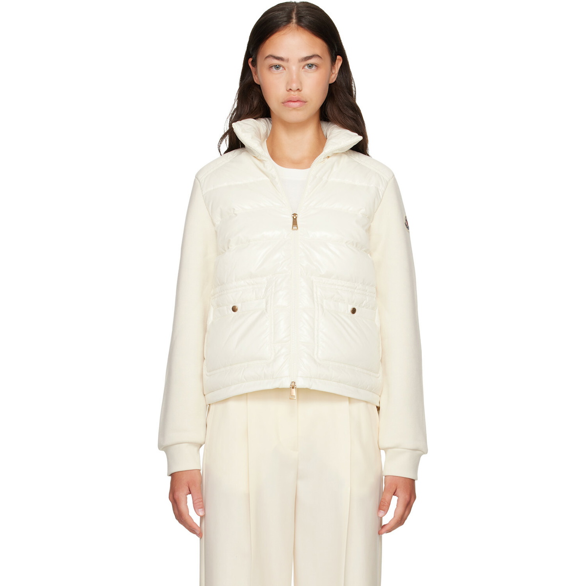 Moncler Off-White Zip Up Cotton Fleece Down Cardigan