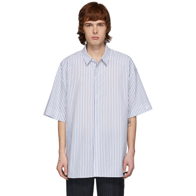 Photo: Juun.J White and Blue Poplin Striped Short Sleeve Shirt