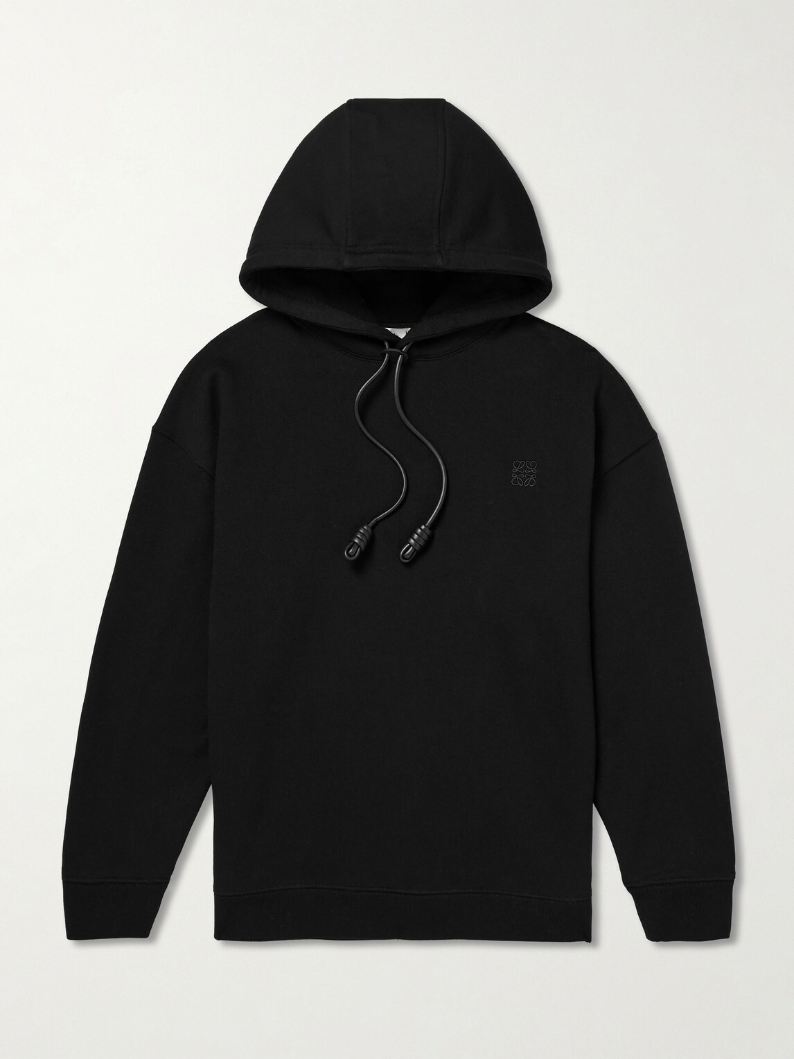 LOEWE - Logo-Embroidered Leather-Trimmed Cotton-Jersey Hoodie - Black