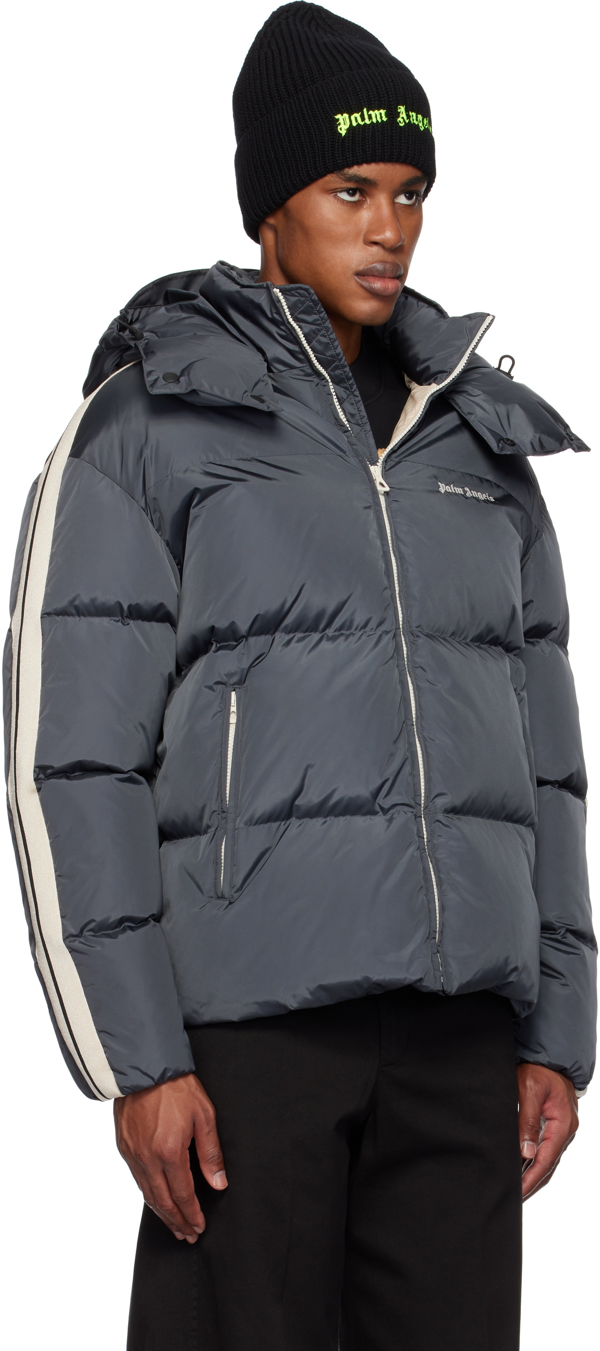 Palm Angels Gray Hooded Track Down Jacket Palm Angels