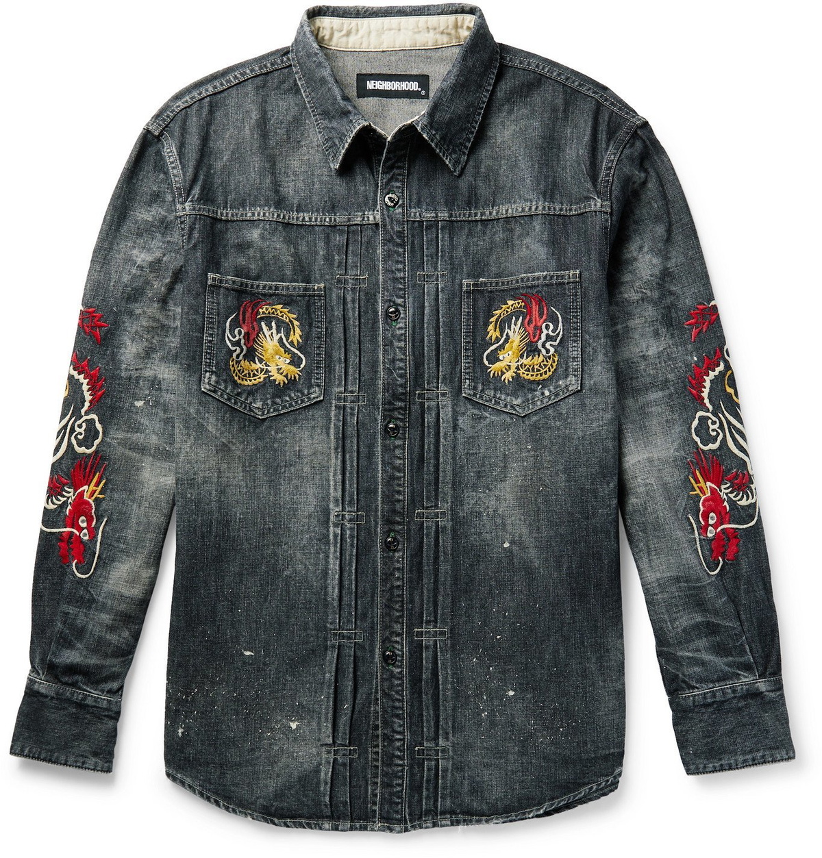 Neighborhood - Savage Embroidered Paint-Splattered Denim Shirt