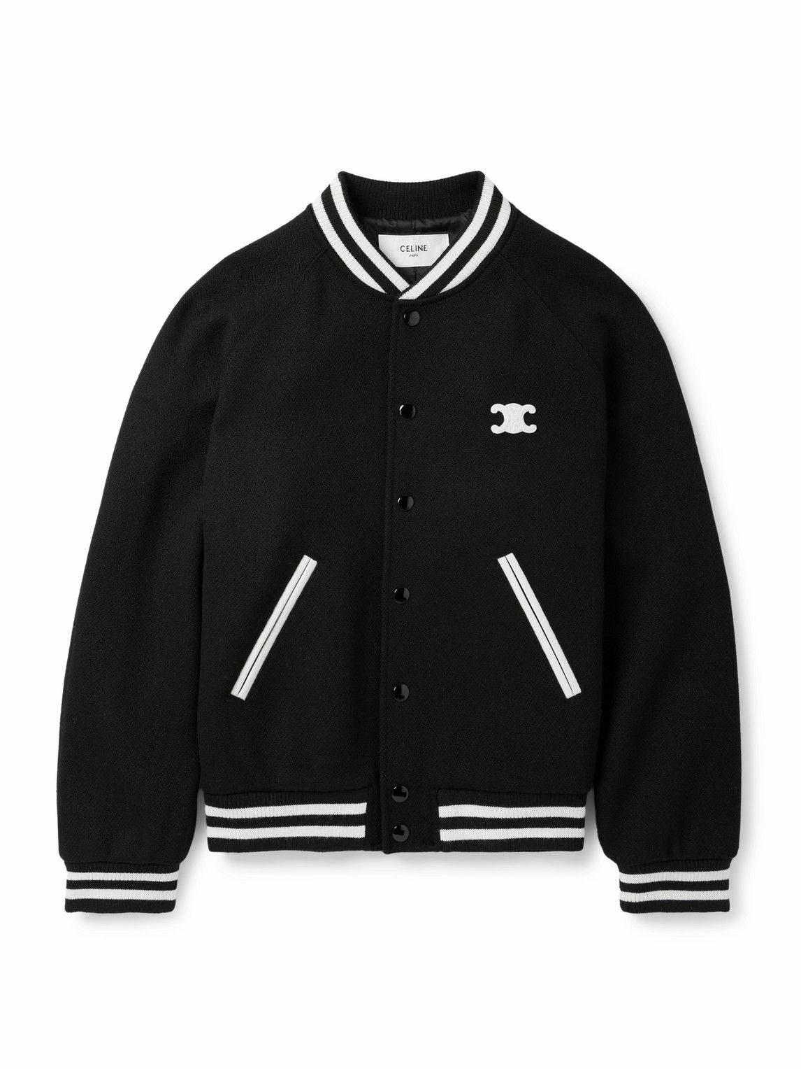 CELINE - Teddy Triomphe Leather-Trimmed Wool-Blend Varsity Jacket - Black