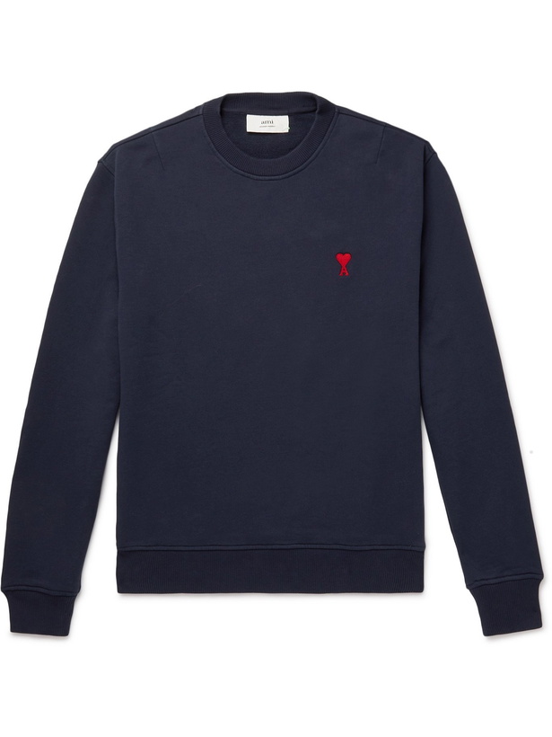 Photo: AMI PARIS - Slim-Fit Logo-Embroidered Mélange Loopback Cotton-Jersey Sweatshirt - Blue