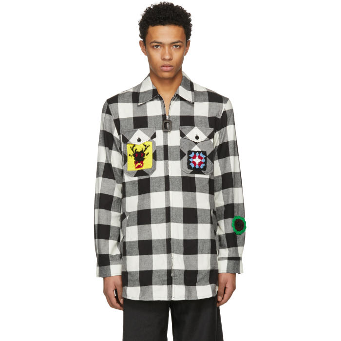 JW Anderson Black and White Crochet Patches Lumberjack Shirt JW