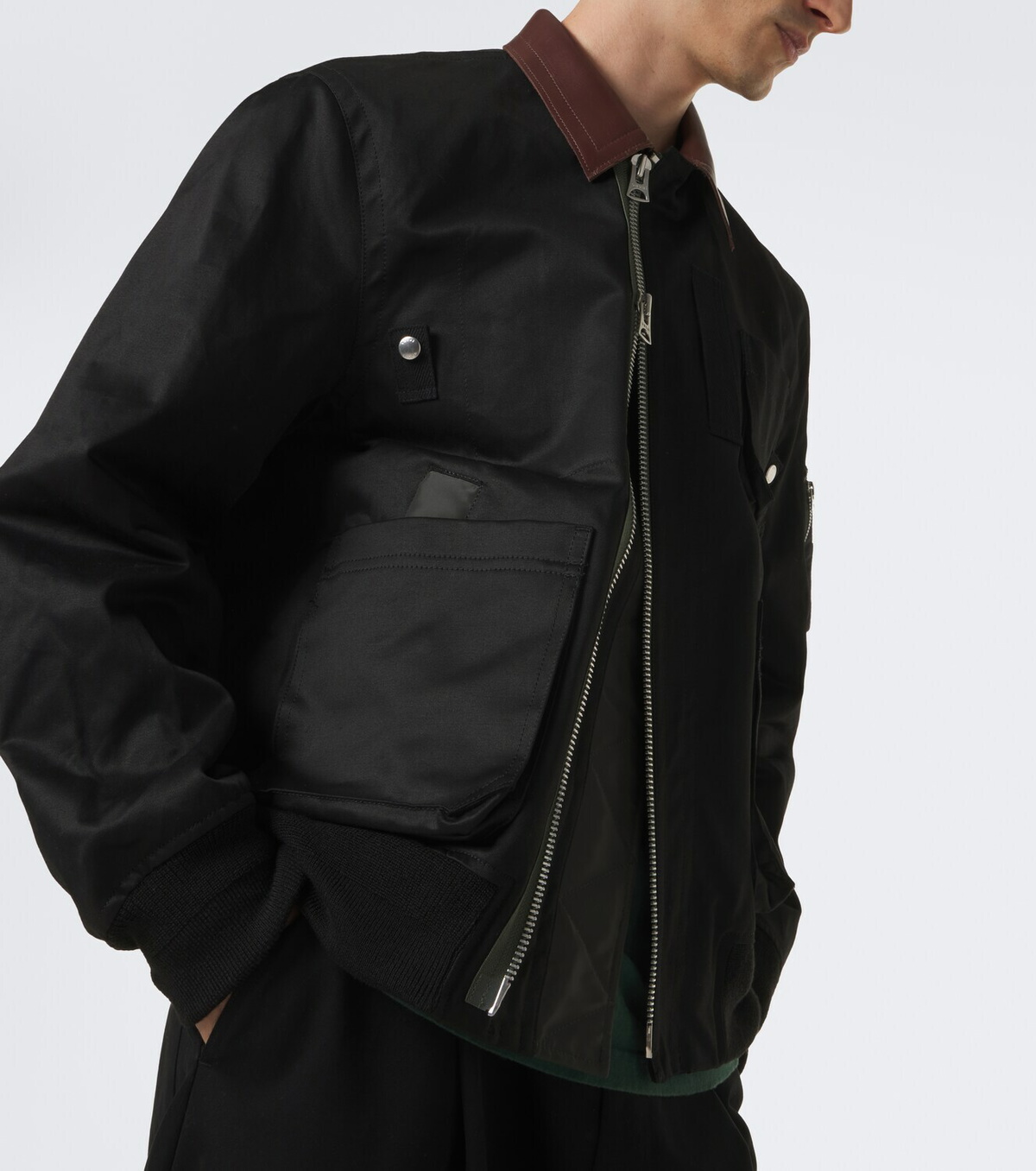 Sacai Leather-trimmed cotton blouson jacket