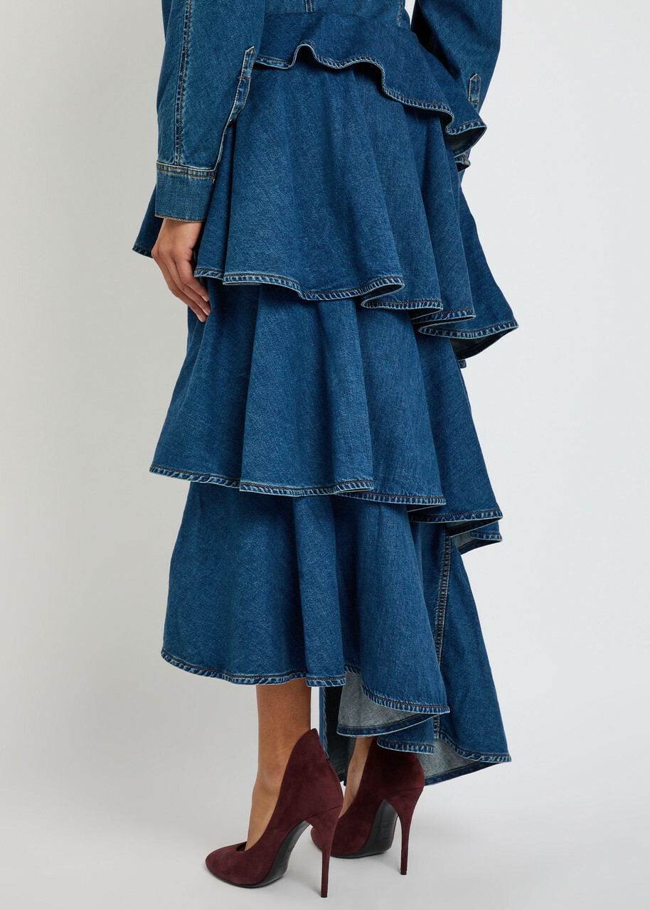 Alaïa Spiral Asymmetric Tiered Denim Midi Skirt Blue