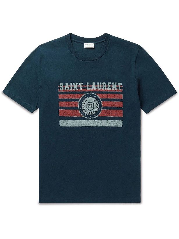 Photo: SAINT LAURENT - Logo-Print Cotton-Jersey T-Shirt - Blue
