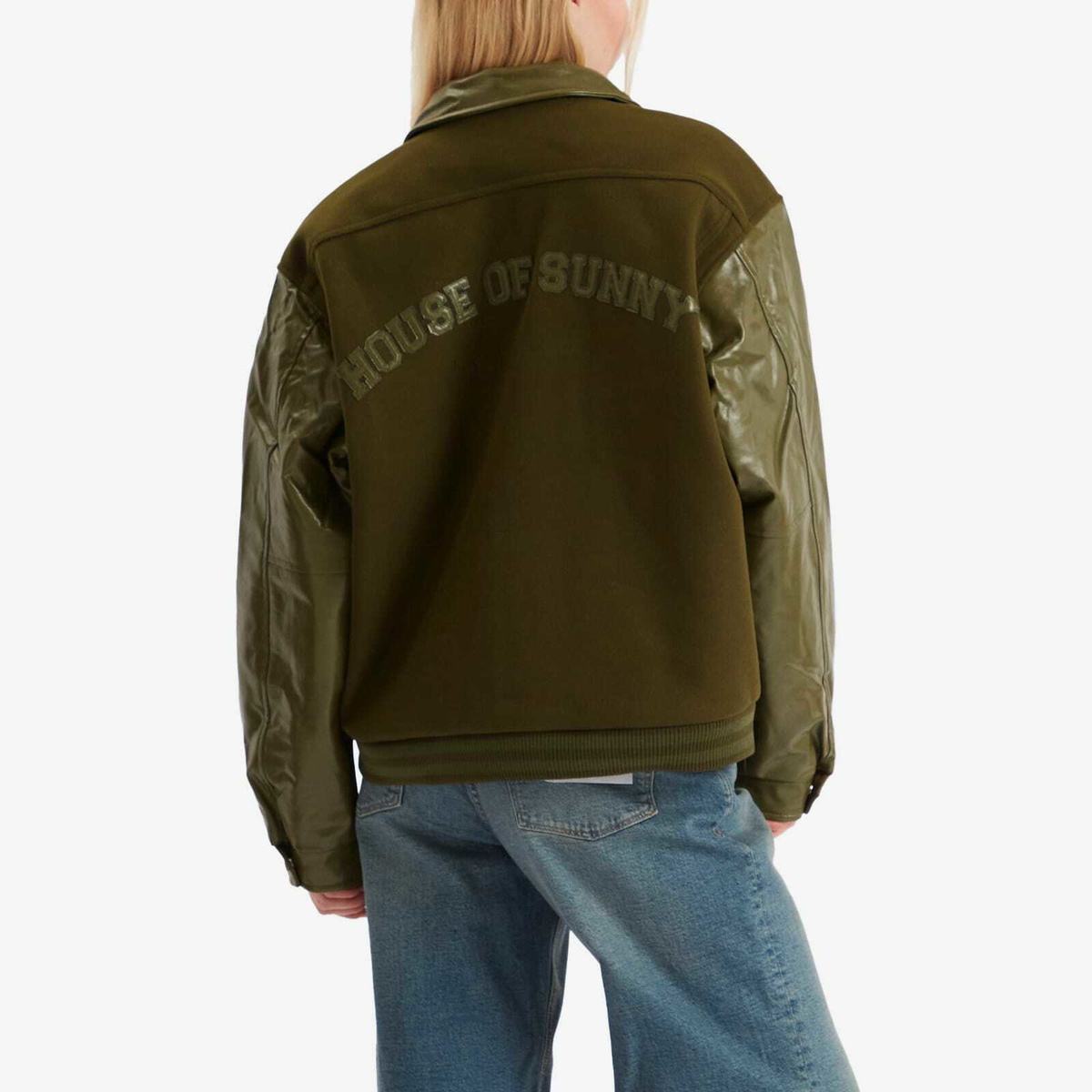 House Of Sunny Women's Vinyl Free Fall Bomber Jacket in Army Green