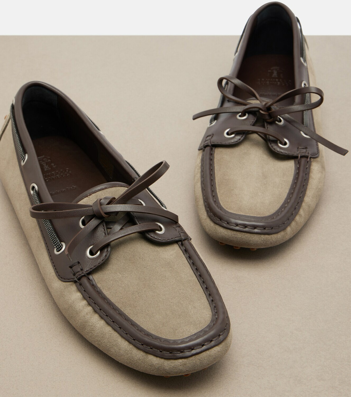 Brunello Cucinelli Monili leather-trimmed suede boat shoes