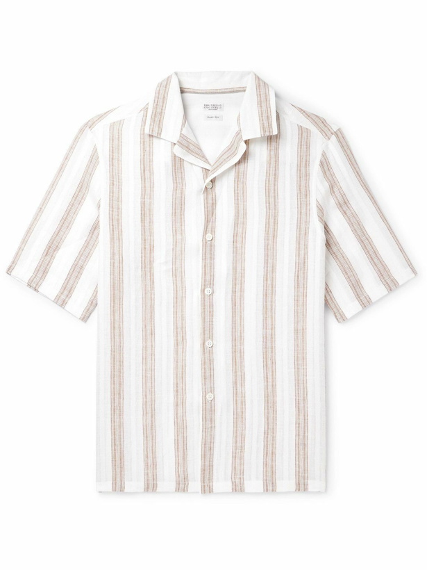 Photo: Brunello Cucinelli - Camp-Collar Embroidered Striped Linen Shirt - White