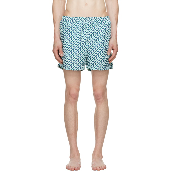 Photo: Casablanca White & Green Cubist Monogram Printed Swim Shorts