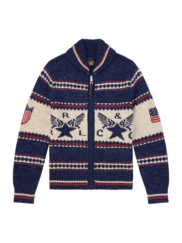 Photo: RRL - Shawl-Collar Cotton, Wool and Linen-Blend Jacquard Cardigan - Blue