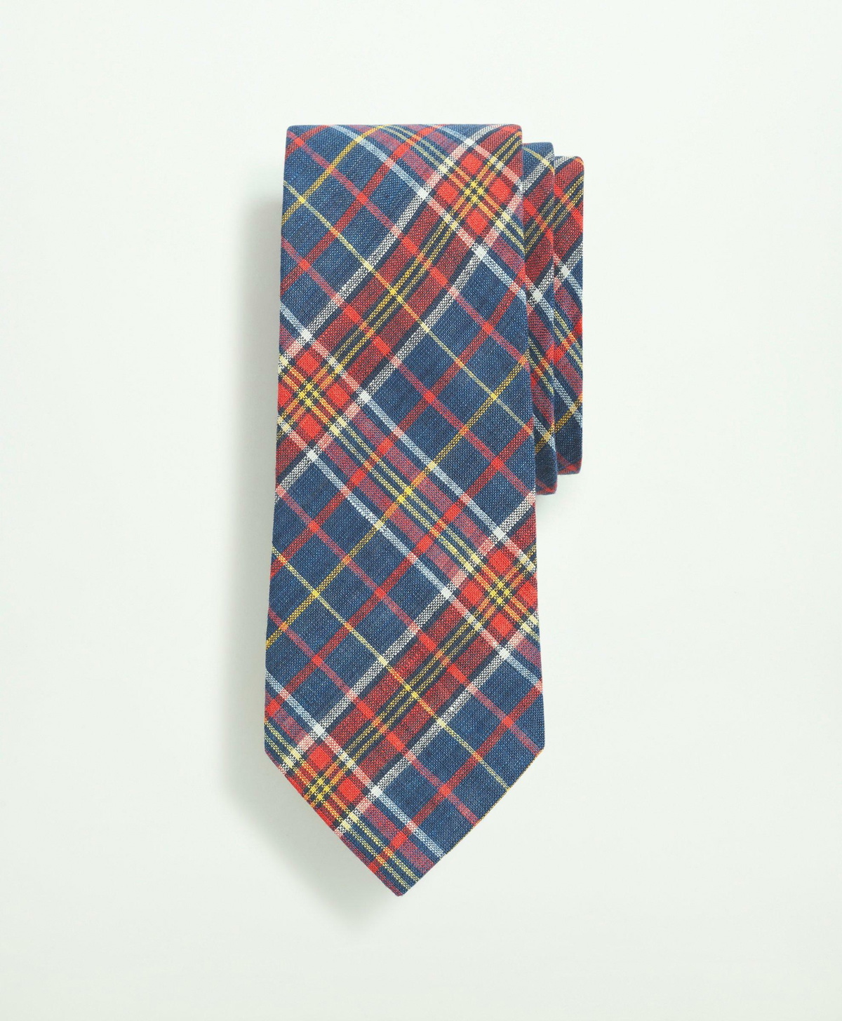 Brooks Brothers Men's Linen Jacquard Plaid Pattern Tie | Blue/Red/Yellow