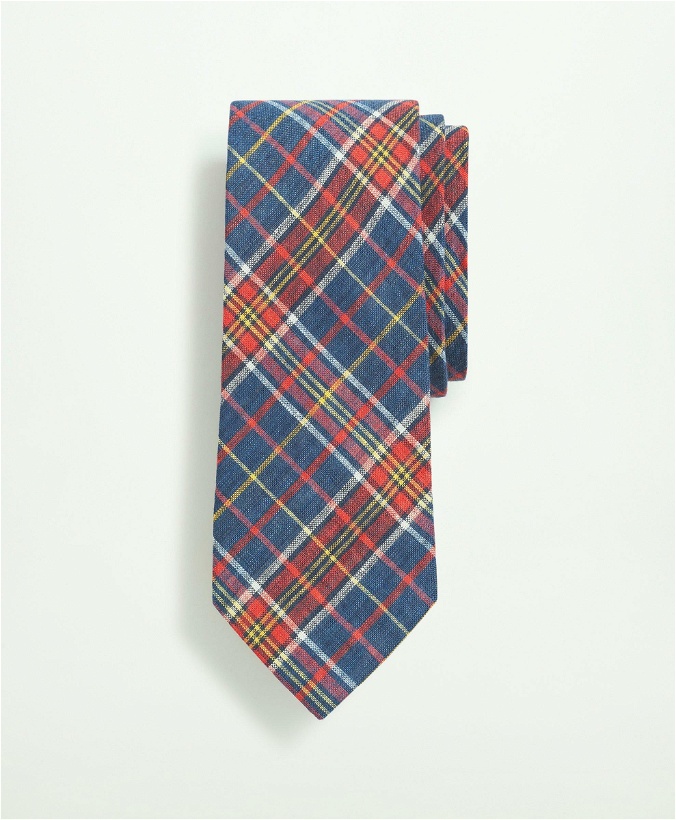 Photo: Brooks Brothers Men's Linen Jacquard Plaid Pattern Tie | Blue/Red/Yellow