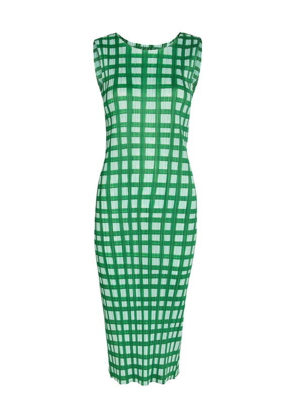 Photo: Pleats Please Issey Miyake Gingham Pleated Woven Midi Dress Green