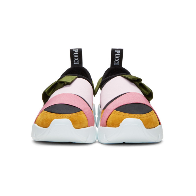 Emilio Pucci Pink and Green Colorblock Ruffle Slip-On Sneakers