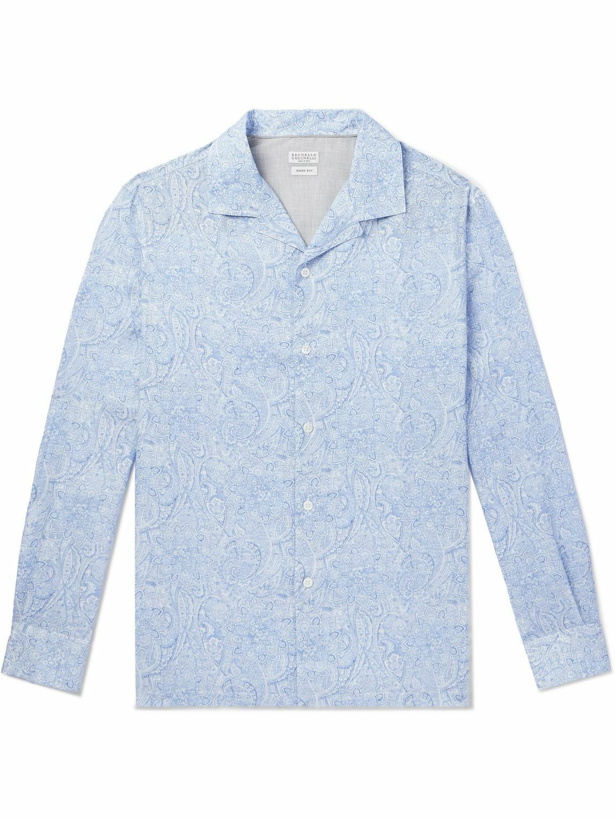 Photo: Brunello Cucinelli - Camp-Collar Paisley-Print Linen Shirt - Blue