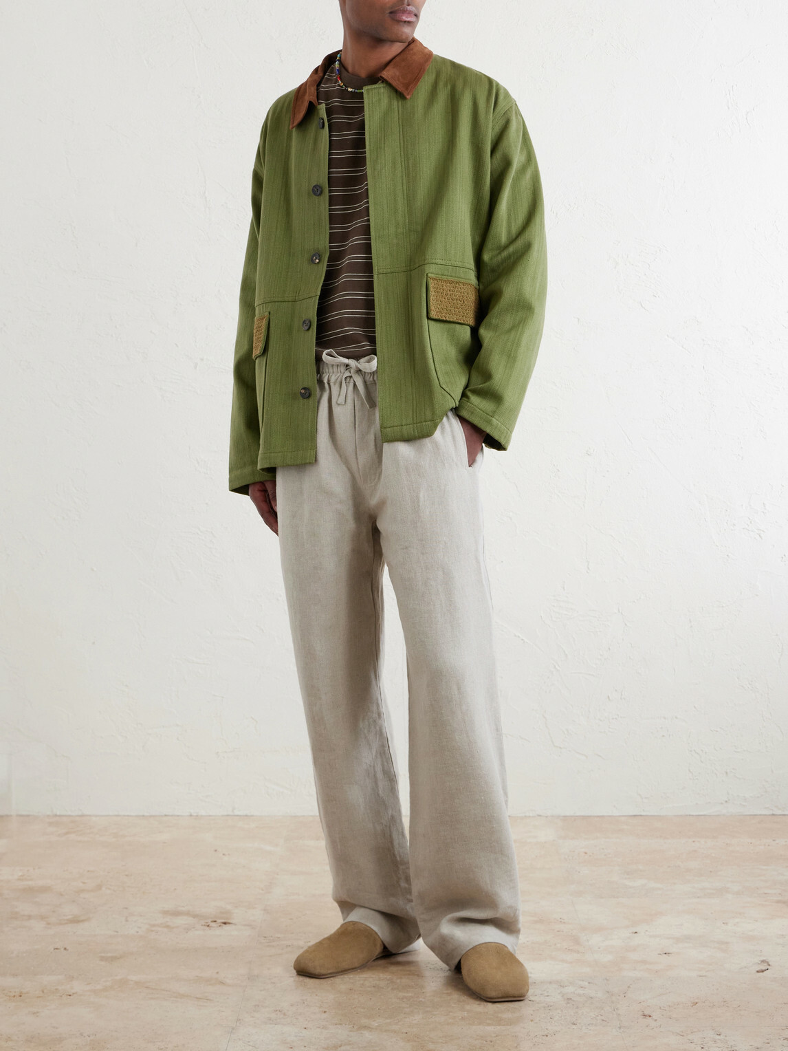 Kartik Research - Jodhpur Embroidered Suede-Trimmed Cotton Jacket - Green