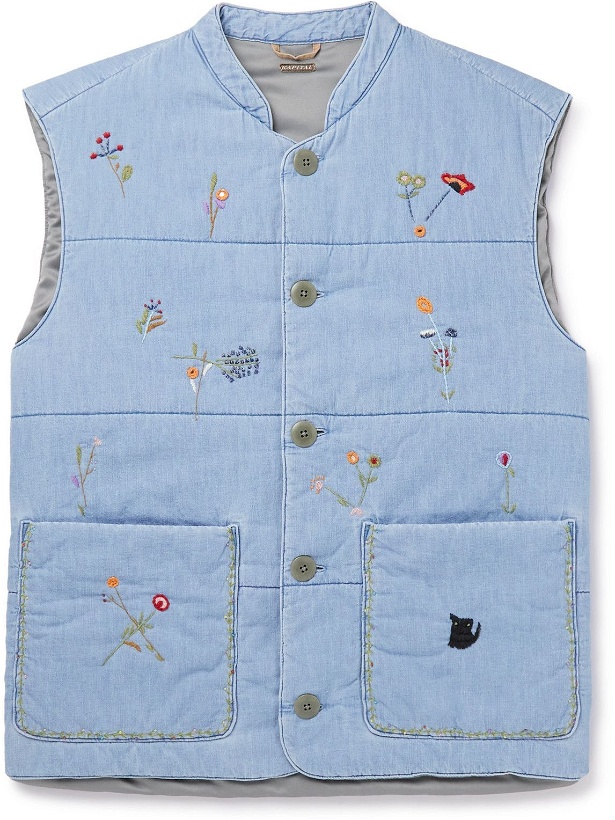 Photo: KAPITAL - Embroidered Quilted Chambray Gilet - Blue