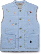 KAPITAL - Embroidered Quilted Chambray Gilet - Blue
