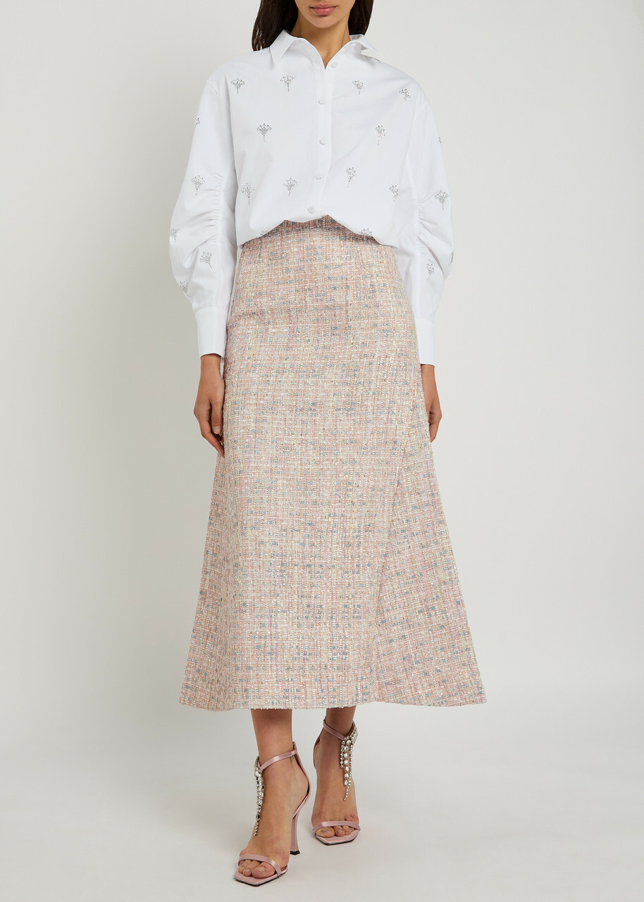 Huishan Zhang Vicky Embellished Tweed Midi Skirt Pink