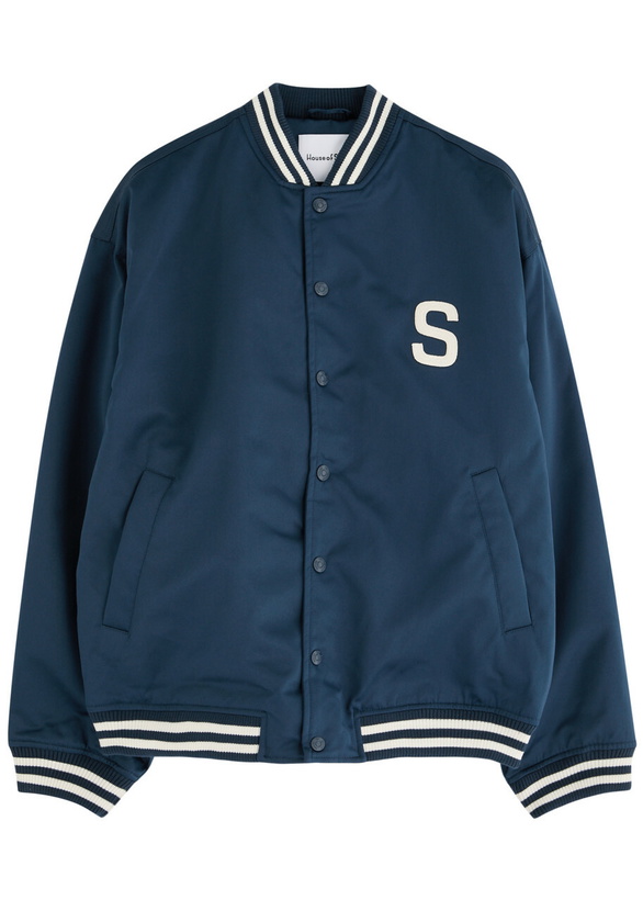 Photo: House OF Sunny Satin Club Logo-appliquéd Satin Bomber Jacket Navy