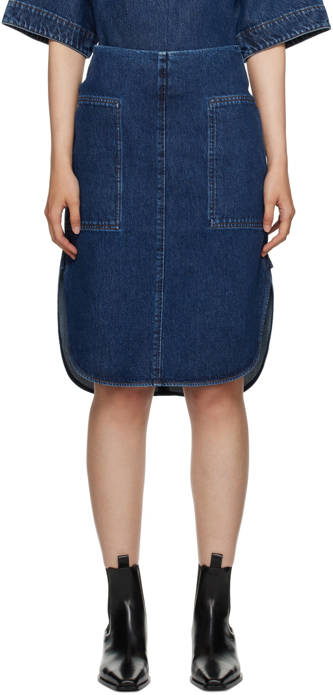 TOTEME Blue Curved Hem Denim Midi Skirt Toteme