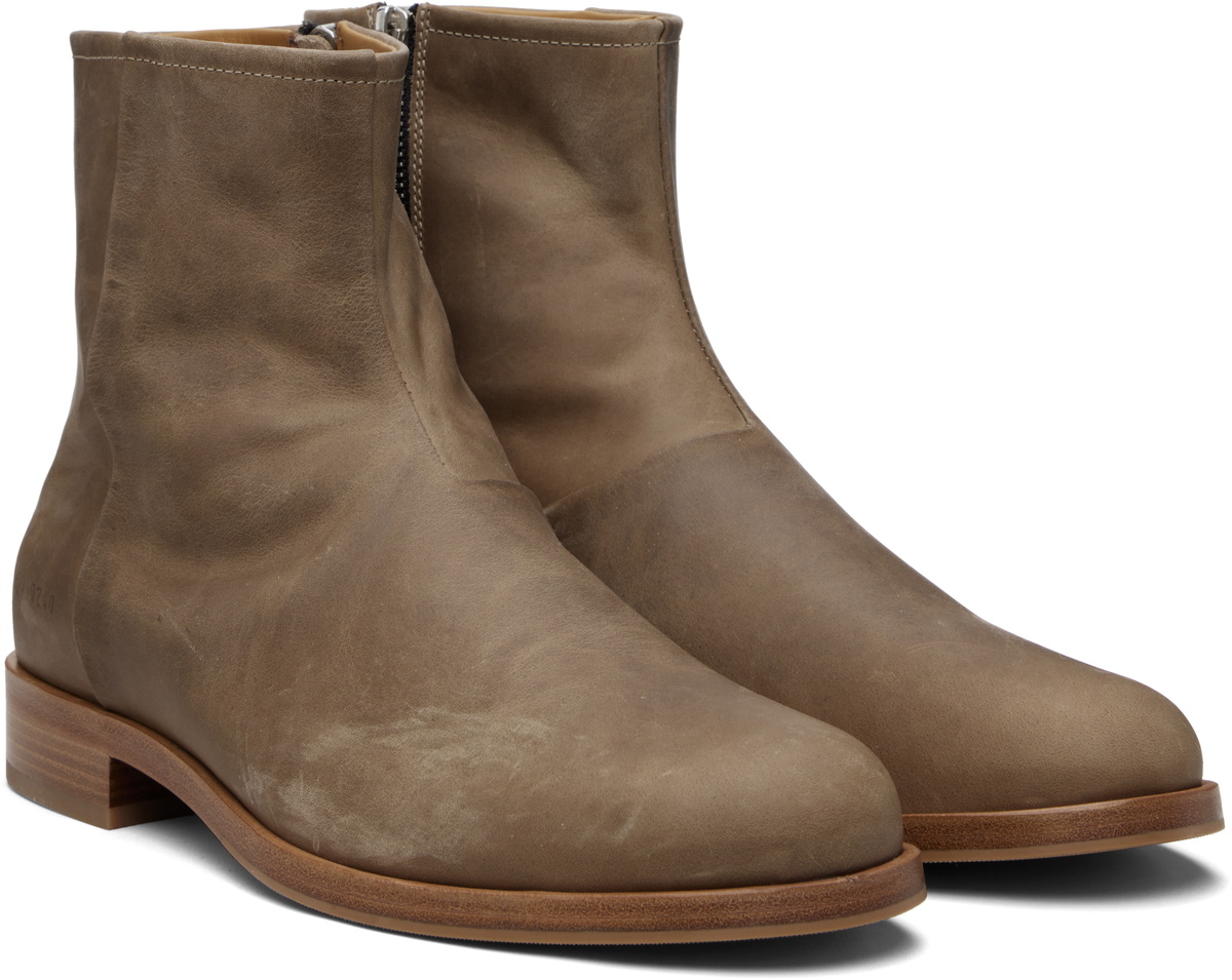 Common Projects Taupe Waxed Leather Zipper Boots