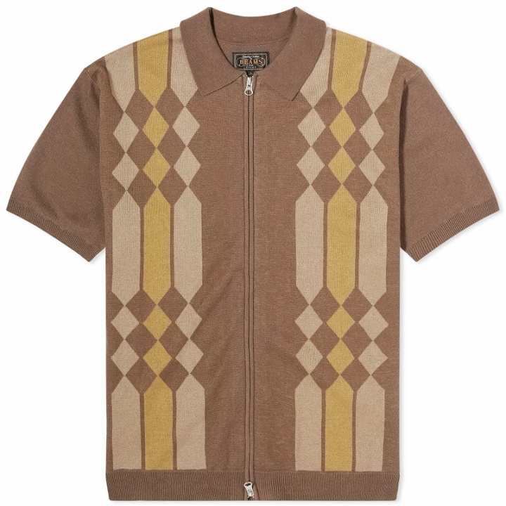 Photo: Beams Plus Men's Zip Stripe Knit Polo Shirt in Brown