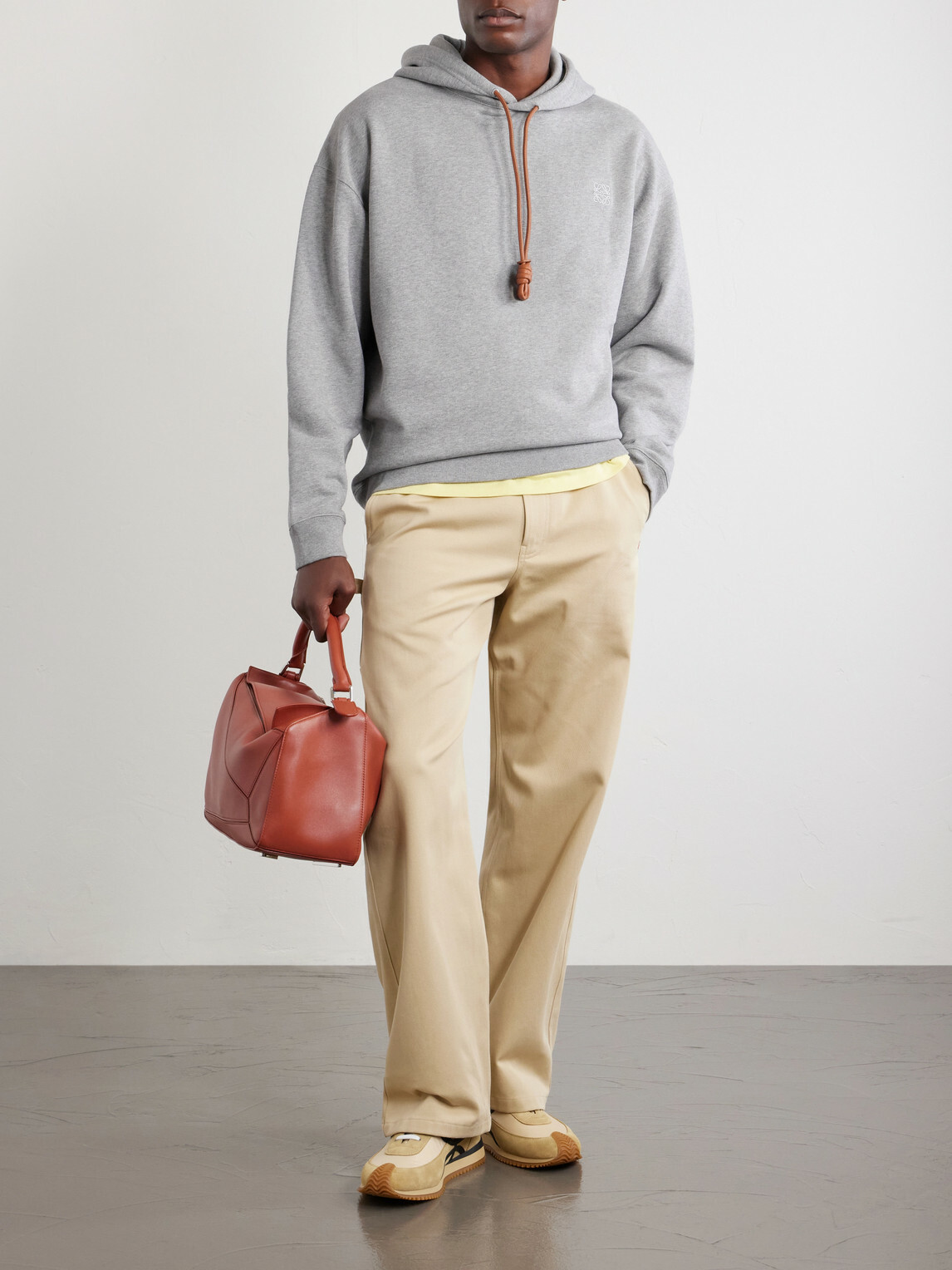 LOEWE - Anagram-Embroidered Leather-Trimmed Cotton-Fleece Hoodie - Gray