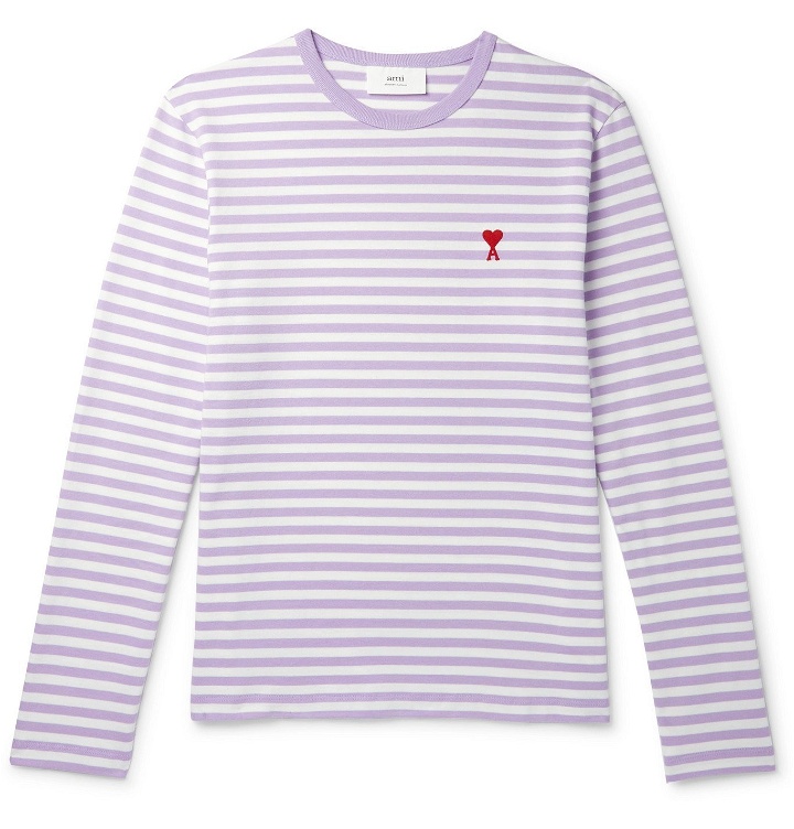 Photo: AMI PARIS - Logo-Embroidered Striped Organic Cotton-Jersey T-Shirt - Purple