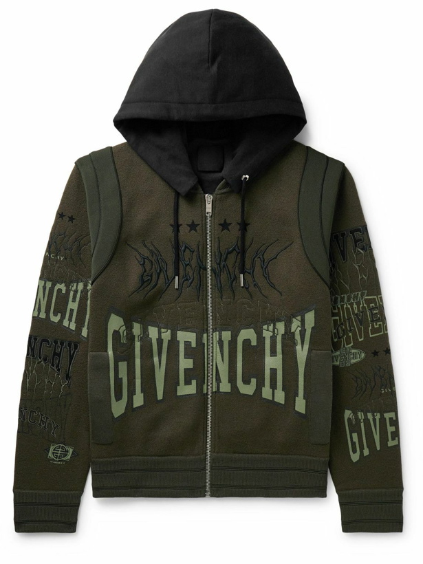Photo: Givenchy - Convertible Logo-Detailed Cotton-Trimmed Wool-Jersey Hooded Bomber Jacket - Green