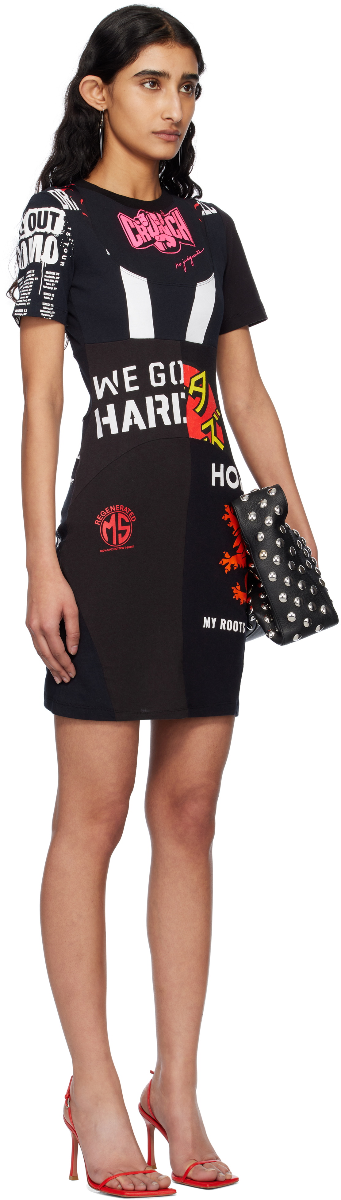 Marine Serre Black Upcycled Graphic T-shirts Minidress