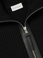 Moncler - Leather-Trimmed Ribbed Virgin Wool Cardigan - Black