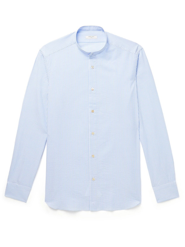 Photo: BOGLIOLI - Grandad-Collar Striped Cotton-Seersucker Shirt - Blue