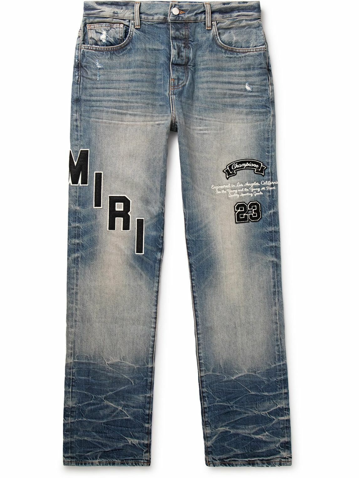 AMIRI - Straight-Leg Logo-Appliquéd Embroidered Distressed Jeans - Blue ...
