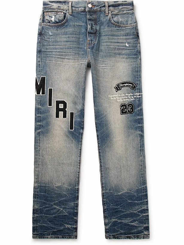 Photo: AMIRI - Straight-Leg Logo-Appliquéd Embroidered Distressed Jeans - Blue