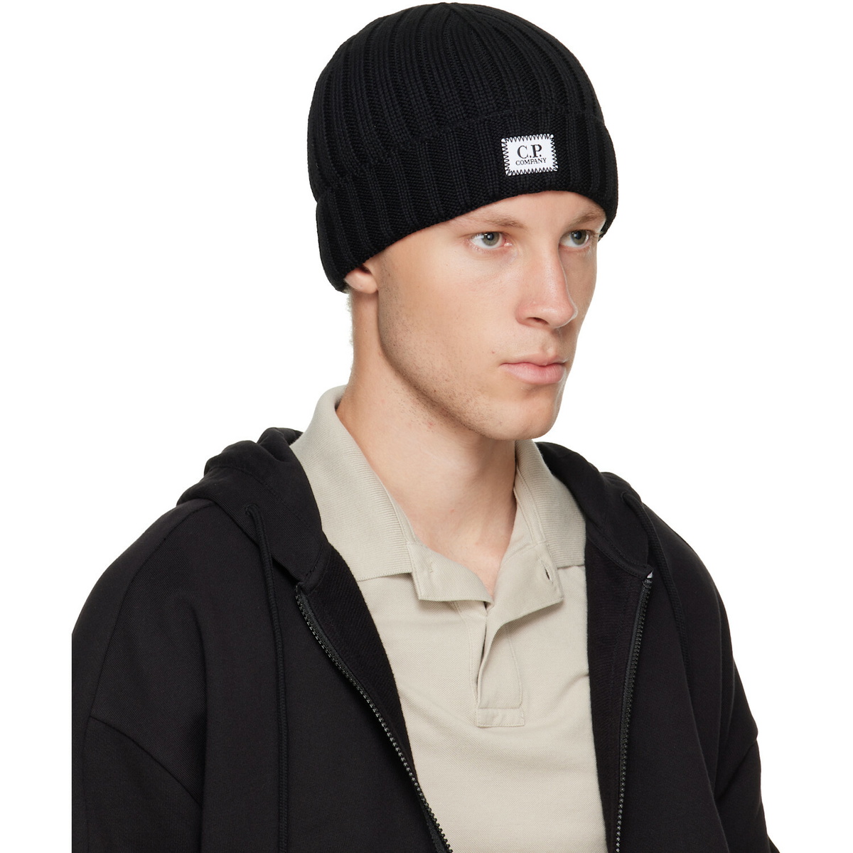 C.P. Company Black Extrafine Merino Wool Logo Beanie