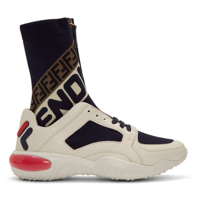 Photo: Fendi White and Navy Fendi Mania Sock Sneakers
