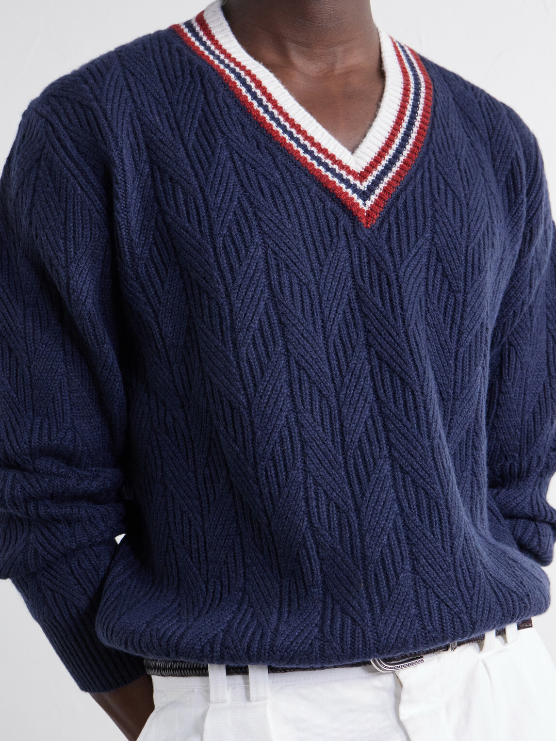 Canali - Herringbone Wool and Cashmere-Blend Sweater - Blue