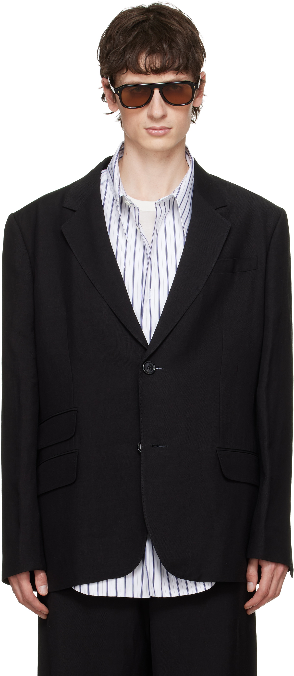 AMI Paris Black Linen Blend Single-Breasted Straight Blazer