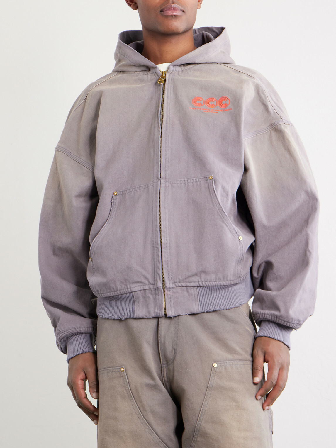 Willy Chavarria - Juggernaut Logo-Embroidered Denim Zip-Up Hoodie - Gray