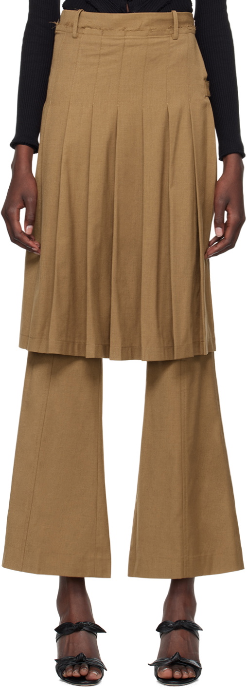 Rokh Tan Pleated Midi Skirt Trousers