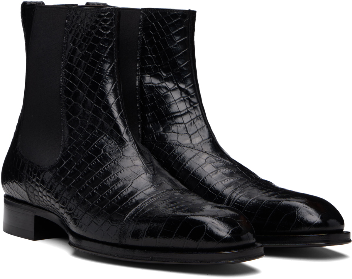 TOM FORD Black Shiny Printed Croc Elkan Chelsea Boots