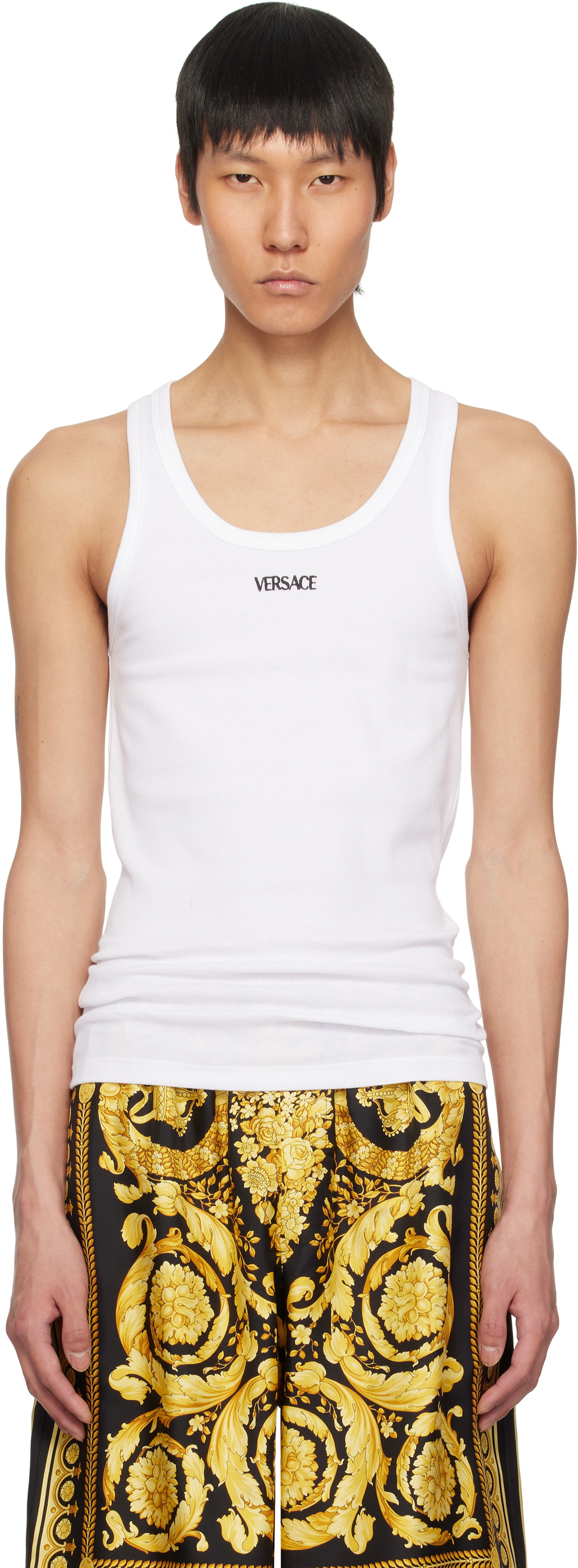 Versace Underwear White Logo Ribbed Tank Top