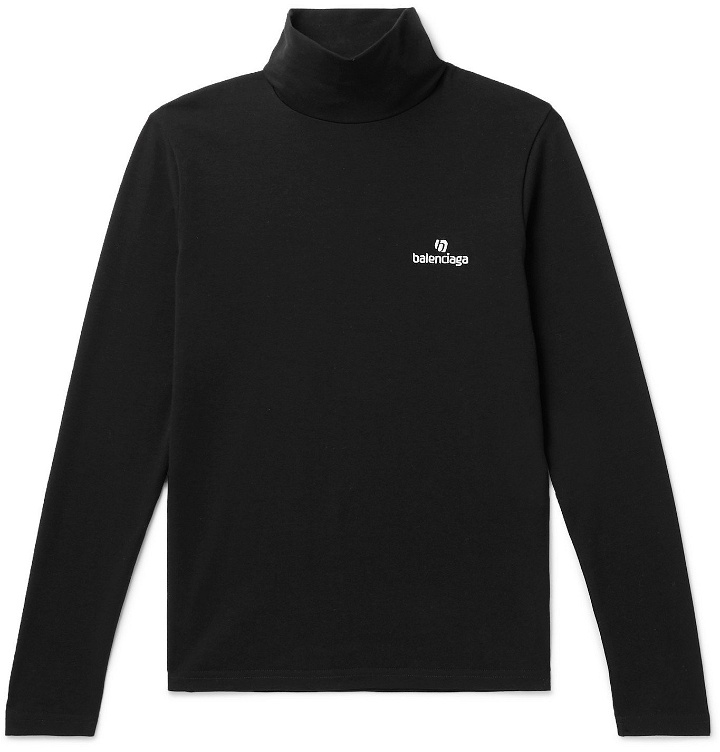 Photo: Balenciaga - Logo-Embroidered Stretch Cotton-Jersey Rollneck T-Shirt - Black