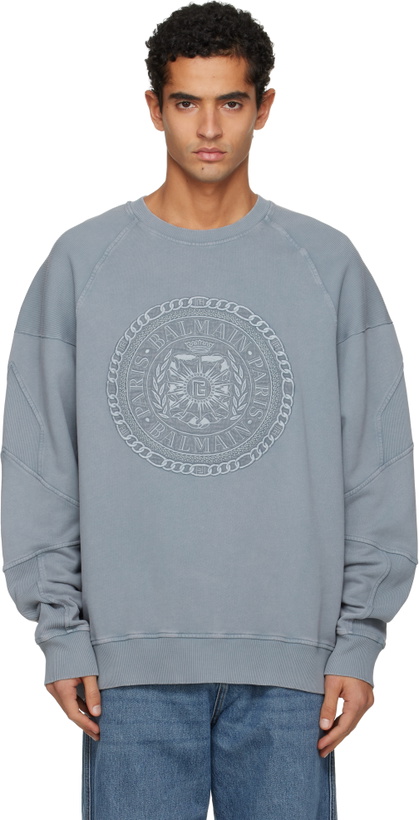 Photo: Balmain Gray Embroidered 'Balmain' Médaille Sweatshirt