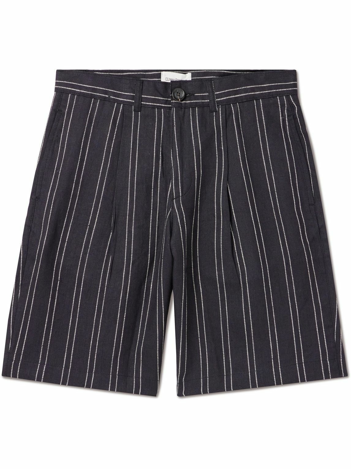 Photo: Oliver Spencer - Straight-Leg Pleated Striped Linen Shorts - Black