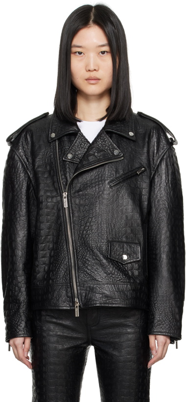 Photo: Blumarine Black Crocodile-Effect Leather Jacket